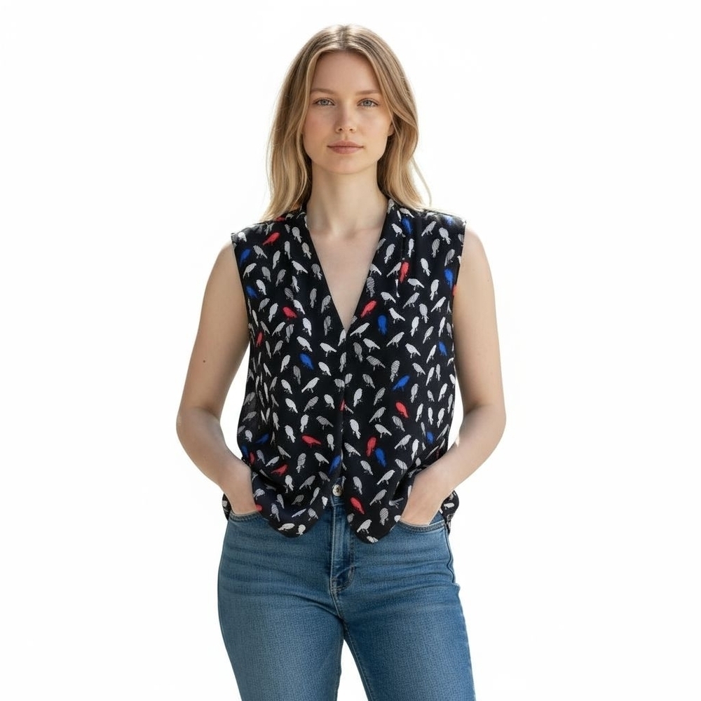 Nine West Womens XL Blouse Black Bird Print Sleeveless Top Layering Semi Sheer